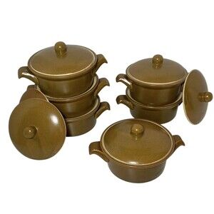 6 Vintage Mustard Brown Stoneware French Onion Soup Crocks Bowls Handles & Lids